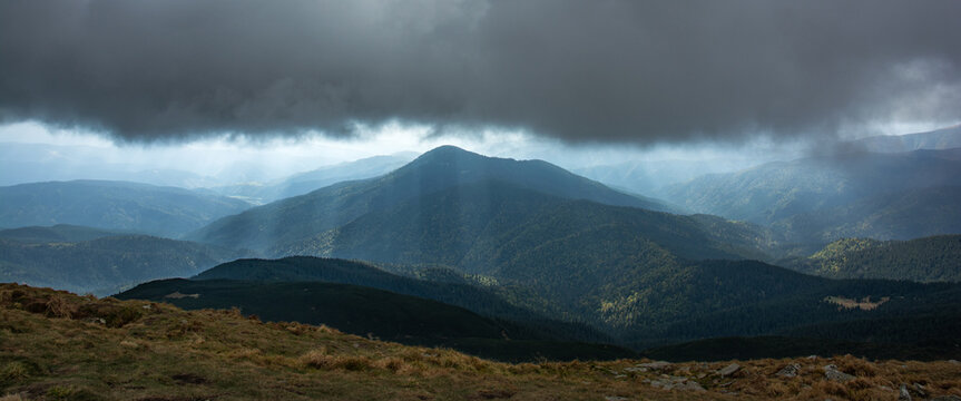 View of the mountains from the peak of Mount Hoverla. Ukraine, Carpathian Biosphere Reserve, Carpathian Mountains. Carpathian Mountains in Ukraine.