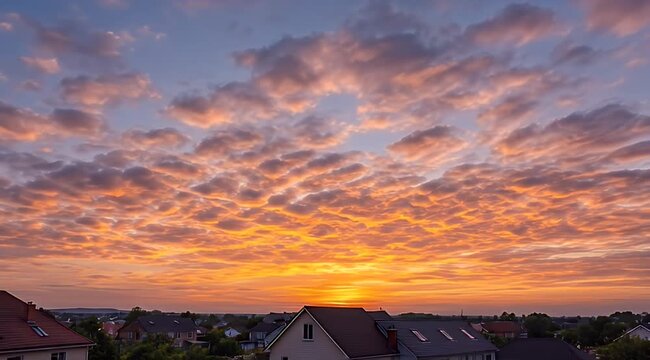 Colorful sunrise/sunset sky with dappled clouds illuminating roofs of a residential area