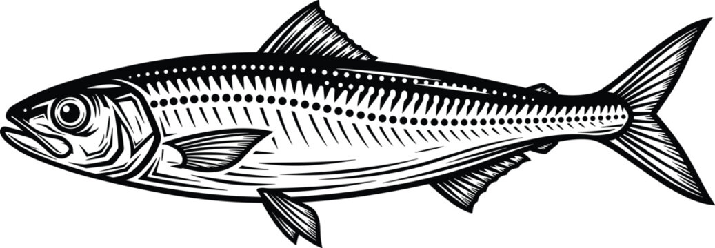 Sardine or herring fish vector illustration, black and white sea life silhouette, hand drawn aquatic animal, nautical design element, icon, ocean.