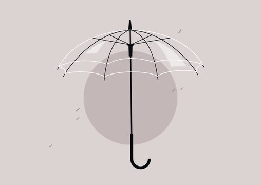 Unique transparent umbrella displayed against simple backdrop, showcasing elegance and utility during a rainy day in a vibrant urban setting