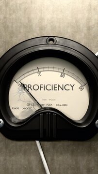 Proficiency meter showing low levels of proficiency. Minimum and decreasing proficiency value, below the norm. Lack of proficiency. None of it, insufficient.