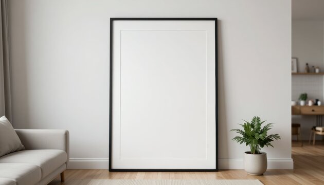 Modern minimalist artwork display in bright living room interior design artistic environment cozy viewpoint