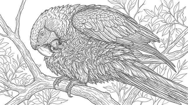 Detailed line art illustration of a tropical parrot perched on a tree branch with lush foliage, perfect for adult coloring books.
