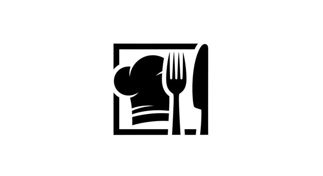 Modern monochrome graphic icon featuring a chef hat, fork, and knife, ideal for restaurant, food service, and culinary branding