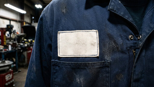 Blank white rectangular fabric patch mockup on a blue denim jacket