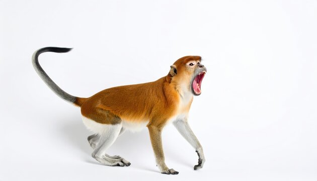 A Patas Monkey with Mouth Open Wide on a White Background.