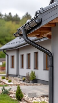 Black metal downspout on a modern house roof with gray eaves against a cloudy sky showing rainwater collection system details