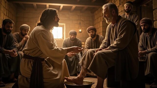 Jesus Christ humbly washes an apostle's feet, symbolizing profound service and spiritual leadership during the Last Supper on Maundy Thursday, ancient room setting