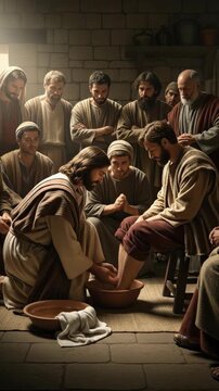 Maundy Thursday, Jesus Christ demonstrating humility by washing the feet of his disciples, a profound spiritual lesson, an ancient sacred tradition during Holy Week