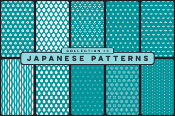 Japanese geometric seamless patterns teal blue isometric and nature motifs © hombrelogo
