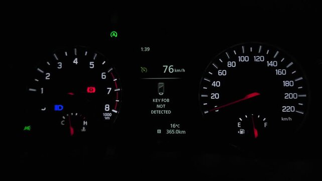 Car Dashboard Instrument Cluster Close-Up at Night, Illuminated Speedometer, Tachometer and Fuel Economy Display, Modern Vehicle Driving Interface, Automotive Technology 4K Footage