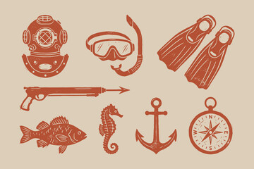 Vintage Underwater Diving and Nautical Vector Illustration Set © thetwelvesense