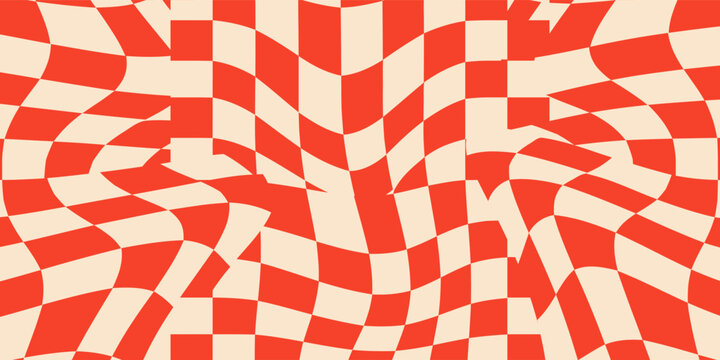 Psychedelic abstract wavy checkered background in red and beige. Groovy irregular checker pattern with vintage texture for retro prints, posters, packaging, and creative projects.