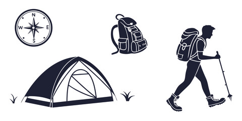 A hiker with backpack and tent surrounded by camping and hiking equipment © Mamun