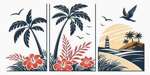Obraz premium Tropical paradise with palm trees, birds, and a sunset over a beach hut
