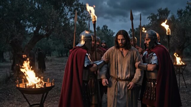 Jesus Christ apprehended by Roman soldiers in the Garden of Gethsemane, a pivotal moment of divine betrayal, an agonizing arrest, ancient scripture fulfilled