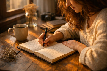 Woman writing in notebook with coffee in warm sunlight, cozy lifestyle and creative journaling concept