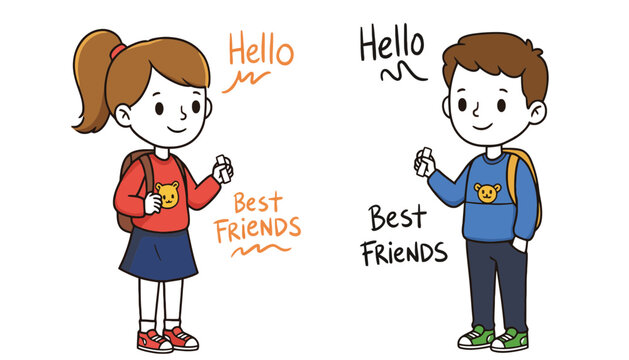 A cartoon illustration of best friends greeting each other happily