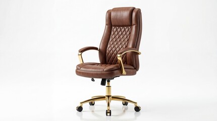 Fototapeta premium Luxury executive office chair with brown leather upholstery and a polished gold metal base frame