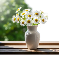 A white vase with daisies on a wooden table © Hiron