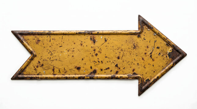 A close-up of a rusty yellow arrow sign pointing to the right on a white background