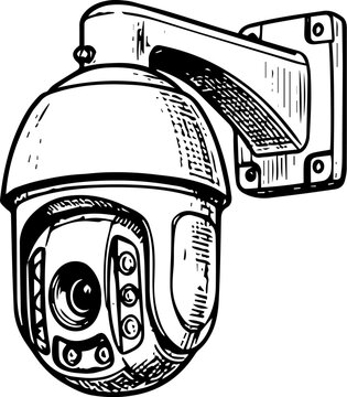 TZ Dome CCTV Security Camera with IR LEDs Black and White Vector Line Art