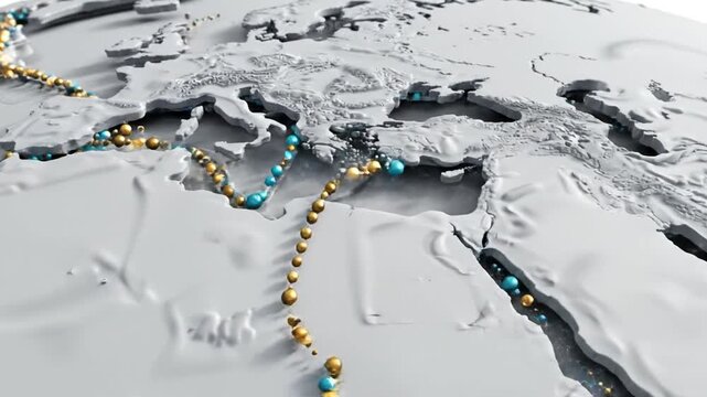 Animated 3D map showing global shipping routes with glowing dots moving across oceans, highlighting trade paths between continents in a dynamic visual presentation.