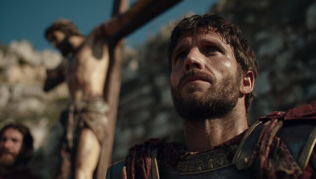 A Roman general looks at Jesus on the cross.