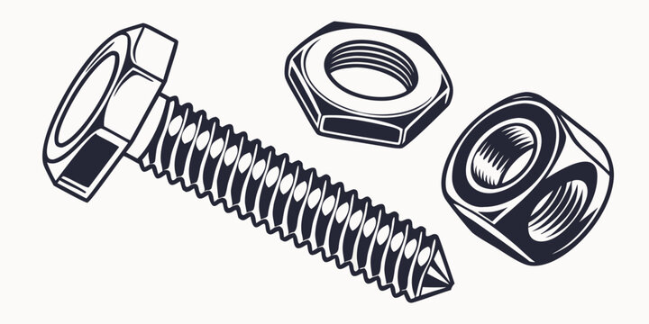 Assorted hardware components including a screw, nut, and washer