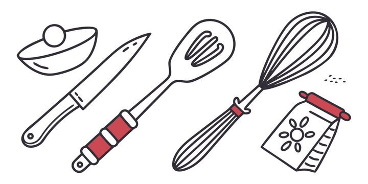 Assorted kitchen utensils including a whisk, spatula, and ladle