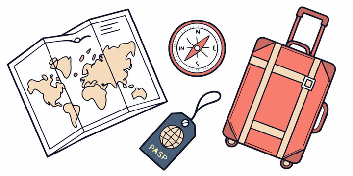 Travel essentials including a map, compass, phone, and suitcase
