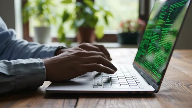 Person typing code on laptop computer with green binary screen display
