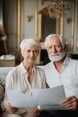 Senior couple planning legacy and estate, representing stability, foresight, and secure generational wealth transfer. Elderly couple reviewing future documents, confident. Careless living for aged peo