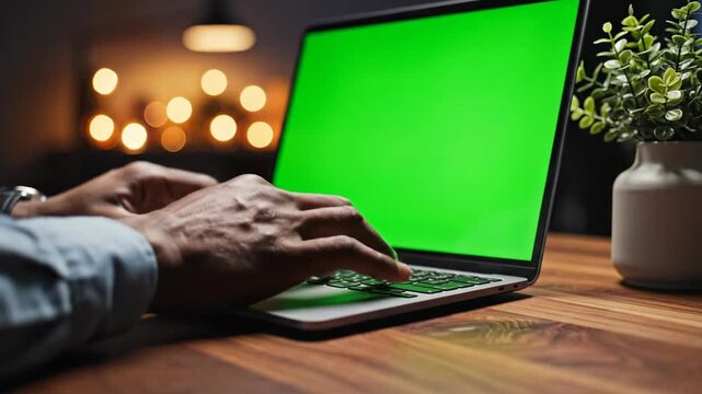Person typing on laptop computer with green screen mockup display