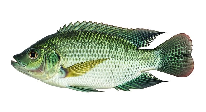 Green fish with white belly and yellow fin swimming left scales fins