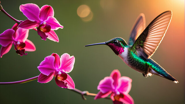 Nahaufnahme eines Kolibris an purpurroten Orchideen
