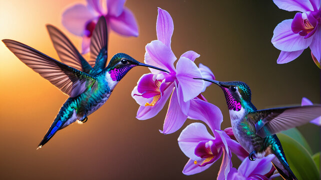 Zwei Kolibris fliegen an lila Orchideenbl&uuml;ten