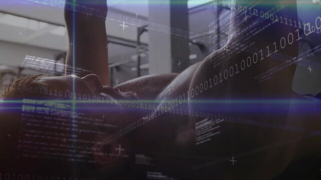 Mid-adult man gripping dumbbells and pressing upward for fitness on flat bench, HUD overlays moving