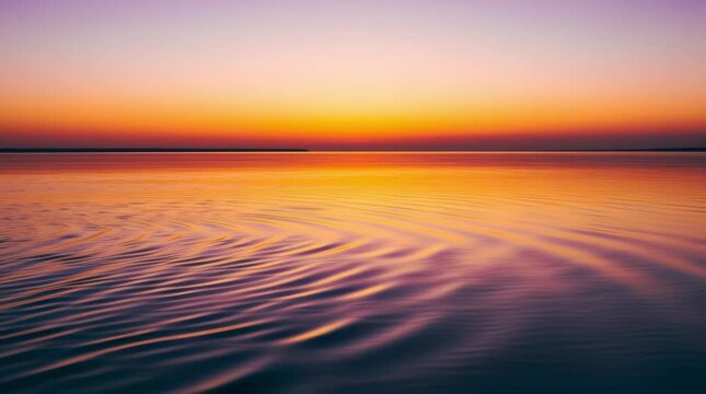Sunset, Ocean and Tranquility reflecting a vibrant sky with calm water gently rippling. Golden hour illuminates the serene seascape as waves softly lap the shore. Reflection, Horizon and Dusk