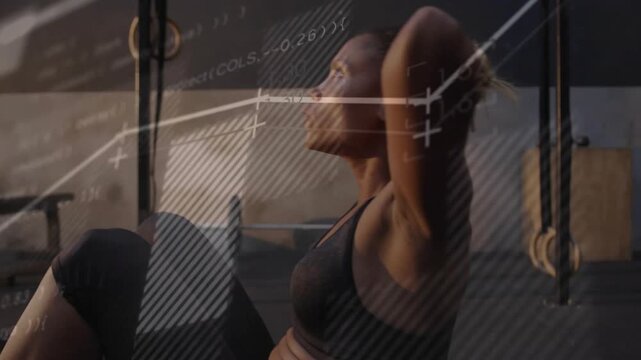 Woman starting crunch lifting torso chin, doing fitness reps, overlay lines tracing torso movement