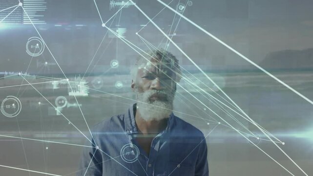Vertical video: Senior man standing on shore, HUD gauges and nodes appearing visualizing tech data