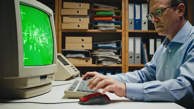 Person uses computer with green text on monitor display in dark room