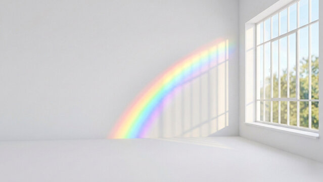 Minimalist empty white wall background with rainbow light reflection
