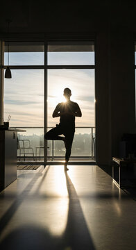 Silhouette of man practicing yoga tree pose in modern apartment at sunset