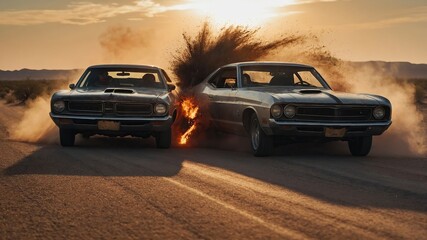 Naklejka premium Two vintage muscle cars crashing with explosion on desert road at sunset with fire and smoke