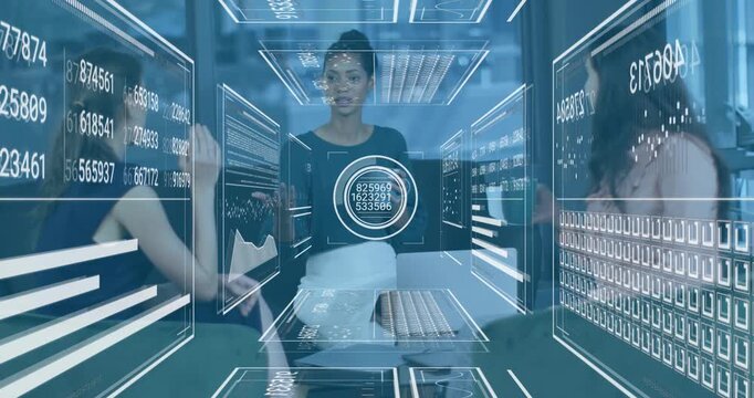 Center woman speaking and gesturing, initiating AR overlay updating charts for business decisions