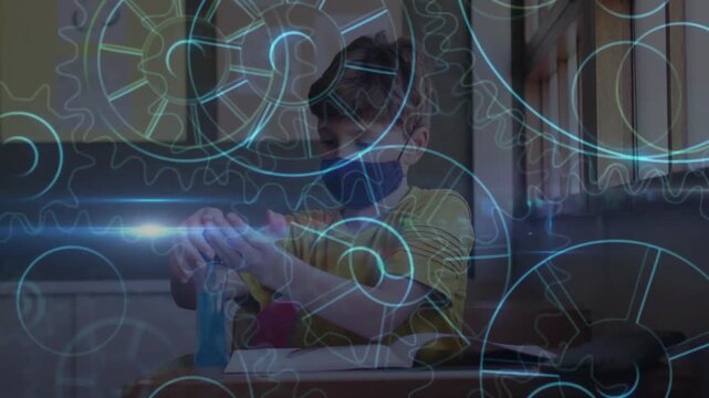 Student pumping blue pump, rubbing hands for school health, gears overlaying, returning to book