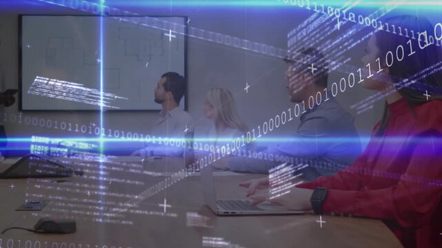 Business lead pointing at screen presenting floorplan while binary overlay sweeping, woman typing