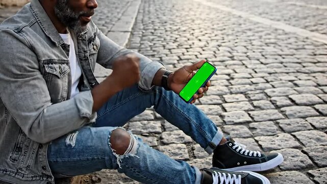 Person uses phone with green screen while sitting on cobblestone street