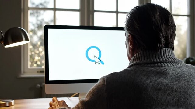 Person using computer with magnifying glass icon for internet search